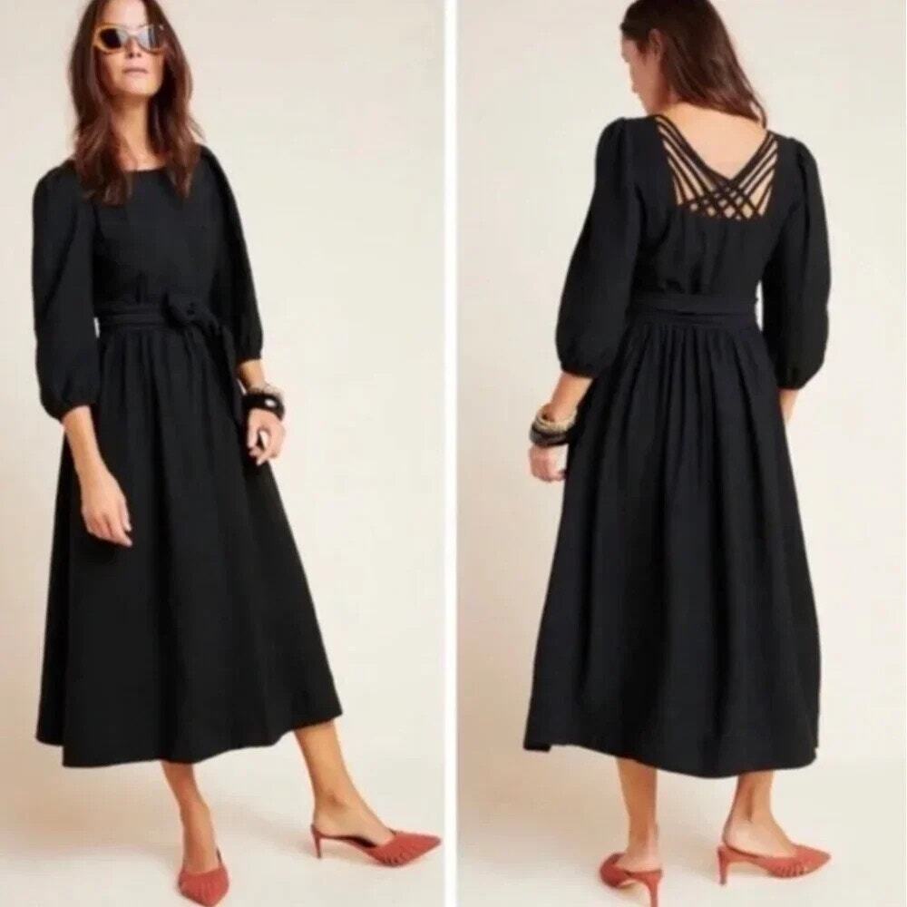 The Odells Black Puff Sleeve Midi Dress XL Witchy Cottage Minimalist Milkmaid